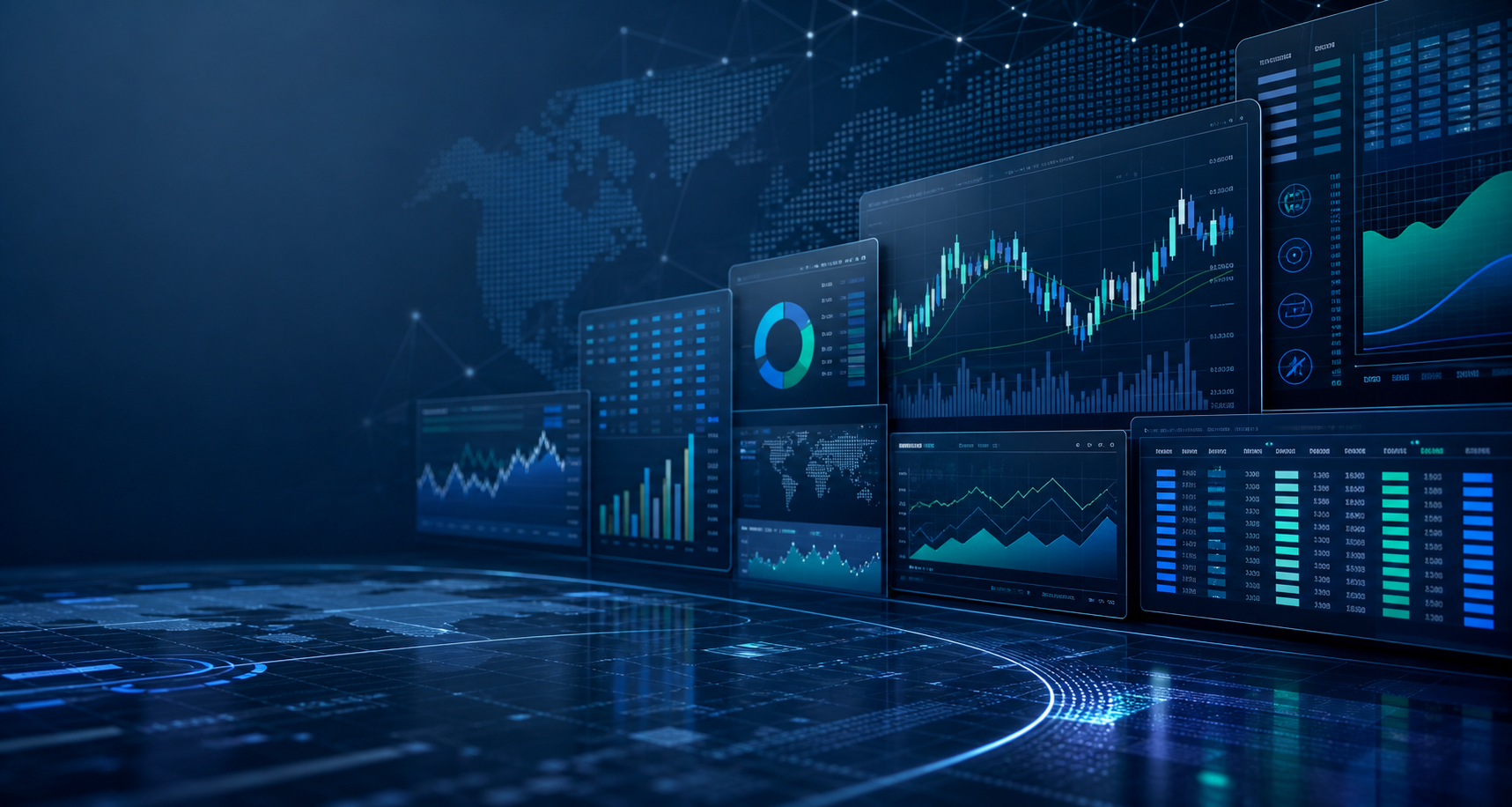 Dashboard astratta fintech con grafici, dati di mercato e segnali AI